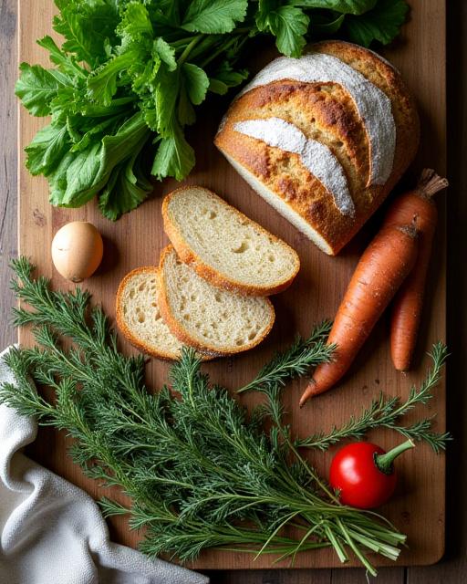 A rustic wooden table displaying fresh local produce including bread, vegetables, and herbs.